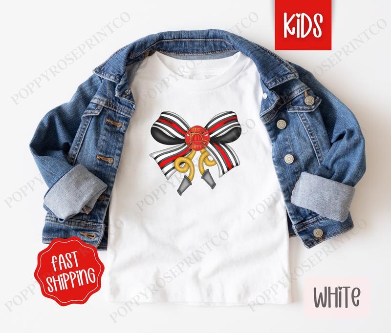 Firefighter Coquette Bow Kids Shirt - Children's Tshirt - Cute Youth Tee Gildan