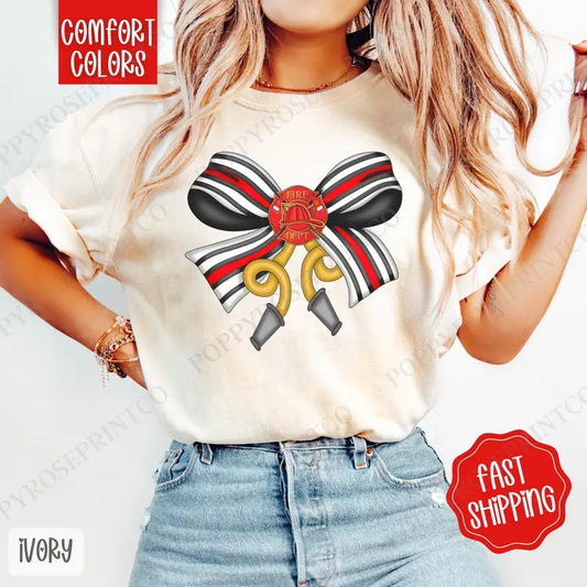 Firefighter Coquette Bow Shirt Comfort Colors, Cute Women's Shirt, Trendy Bow Tee