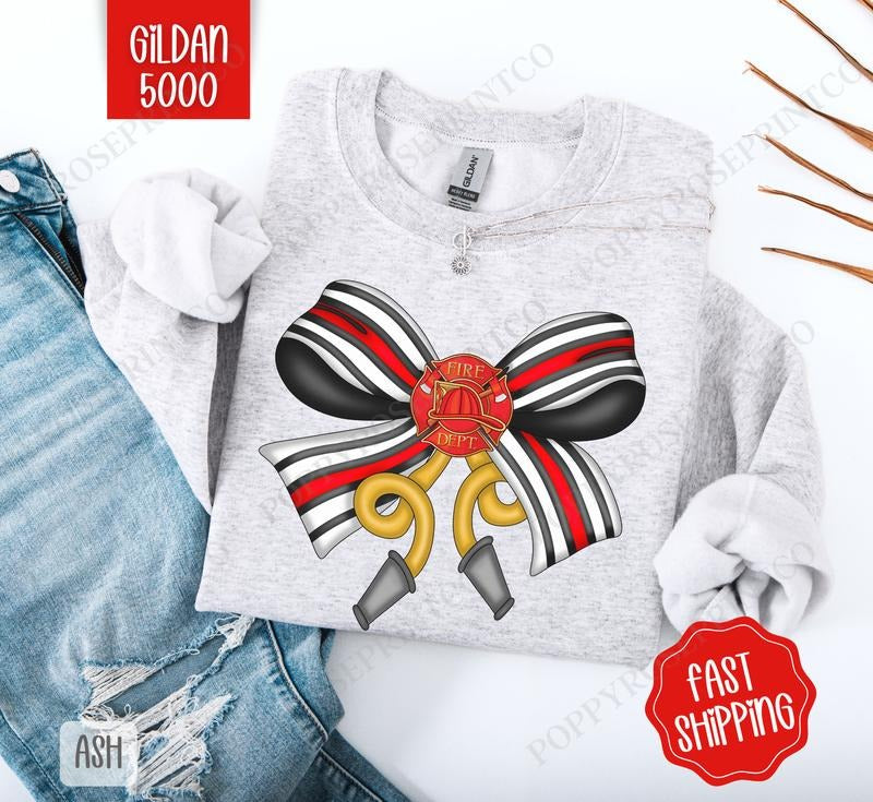 Firefighter Coquette Bow Sweatshirt, Bow Crewneck, Cute Women's Sweater