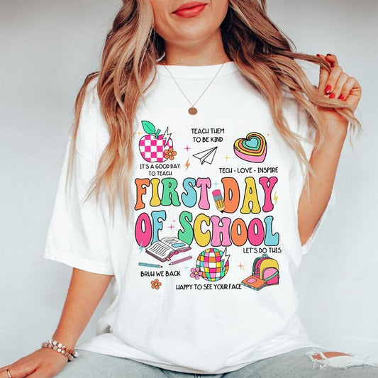 First Day Of School Shirt, Teach Love Inspire, Back to School Teacher Shirt,  Teacher Rainbow Pencil, Gifts For Teacher, Kids School TShirt, 1st Day of School, Retro Comfort Rainbow School Shirt, Kindergarten Teacher, New Teacher Gift, Women Top