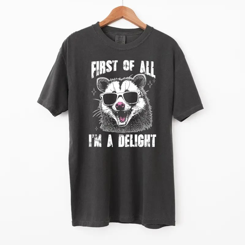 First Of All I'm A Delight Possum T Shirt, Sarcastic Comfort Colors T-Shirt