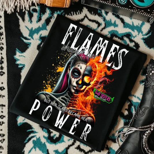 Flames Shaped Her But Her Scars Became Her Power  Black or Mineral Wash Crewneck Sweatshirt, T Shirt Pullover | Punk, Alt, Grunge, Goth, Skeleton Style