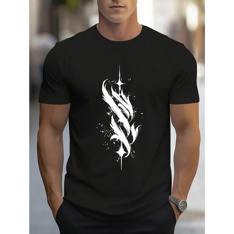 Flashing White Feather Print, Men's Crew Neck Short Sleeve T-shirt, Stylish & Trendy & Cozy For Casual Summer Wear Made in USA