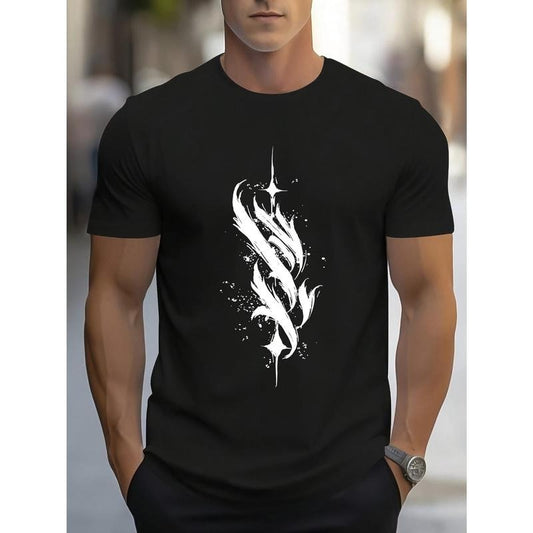 Flashing White Feather Print, Men's Crew Neck Short Sleeve T-shirt, Stylish & Trendy & Cozy For Casual Summer Wear Made in USA