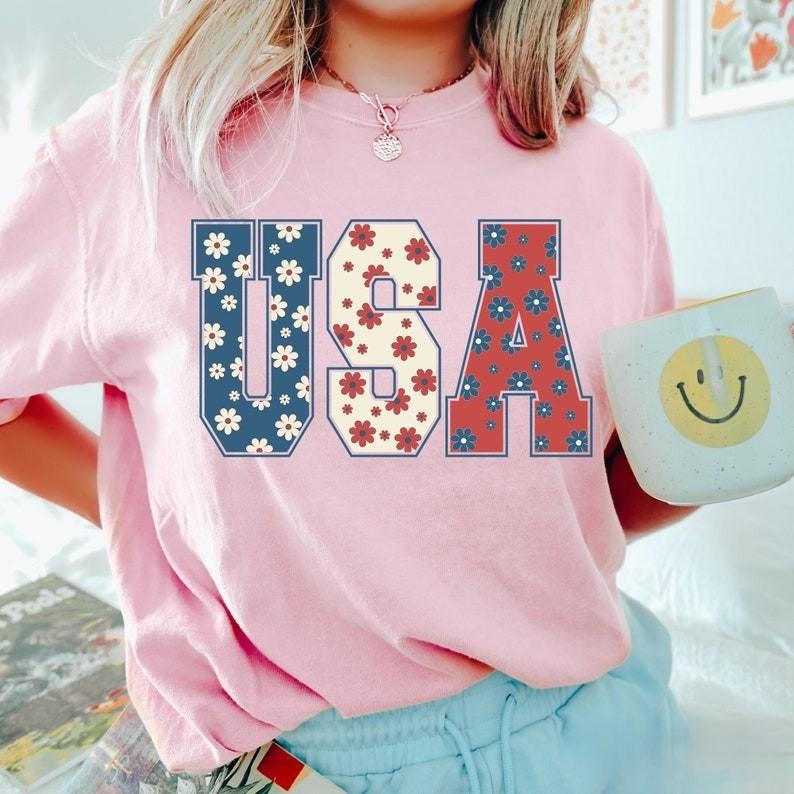 Floral 4th Of July Tshirt, Usa Shirt, Patriotic T-Shirt, American Flag, Floral USA, 4th of July, Trending Shirt Top...