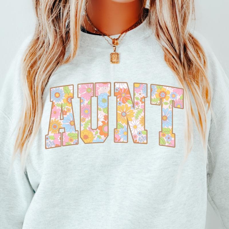Floral Aunt Crewneck, Retro Cotton, Crewneck Fashion Fit Sleeve Comfortable Cute, CASUAL COTTON CREWNECK HOODIE, WOMENS SWEATSHIRT Mama Womenswear Athletic Basic