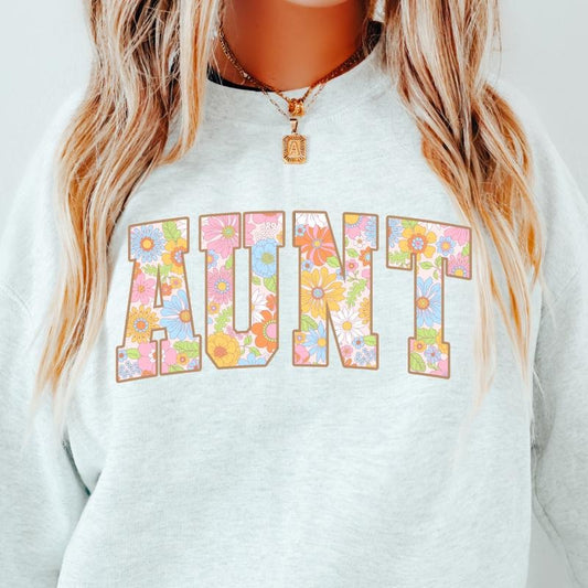 Floral Aunt Crewneck, Retro Cotton, Crewneck Fashion Fit Sleeve Comfortable Cute, CASUAL COTTON CREWNECK HOODIE, WOMENS SWEATSHIRT Mama Womenswear Athletic Basic