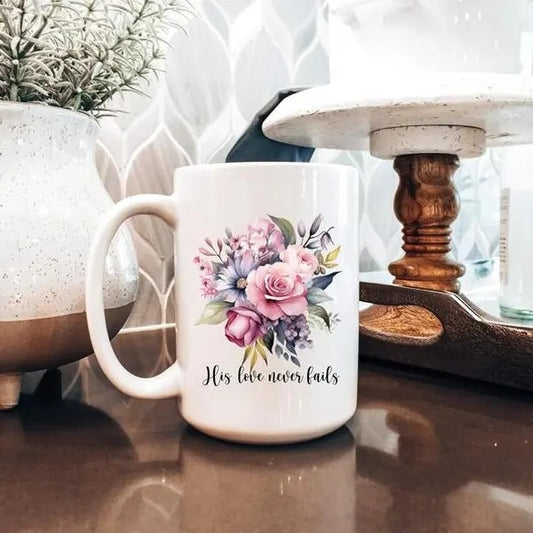 Floral Bible Verse Coffee Mug, Jesus Christian Coffee Cup,  His Love Never Fails Coffee mug, Religious Coffee mug gift, Jesus Floral mug