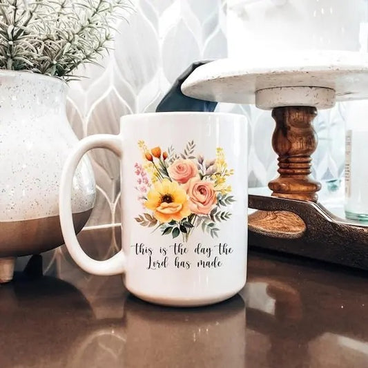 Floral Bible Verse Coffee Mug, Jesus Christian Coffee Cup, This is the Day the Lord has made Coffee mug, Religious Coffee mug gift,