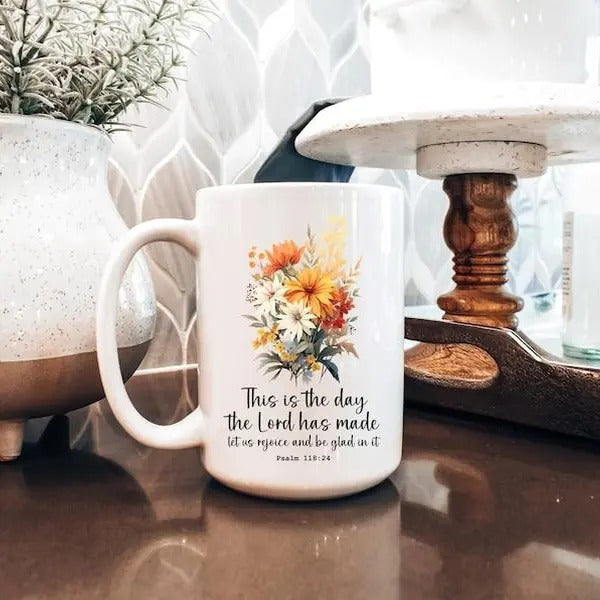 Floral Bible Verse Coffee Mug, This is the Day the Lord has made Christian Coffee Cup, Boho Flower Christian Coffee mug, Religious cup gift