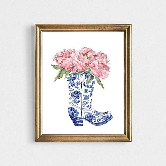 Floral Blue Coastal Cowgirl Boots Blue Print, Country Dorm Room Art, Gifts For Besties Sister Wall Art, Poster Prints No...