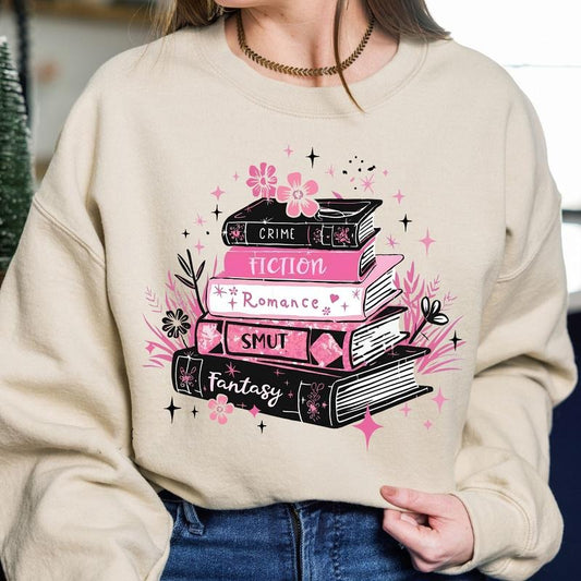 Floral Book Stack T-Shirt, Book Lover Sweatshirt, Retro Bookish Hoodie, Cute Reading Fantasy Romance Crime Smut Tee, Boho Librarian Reader Sweater