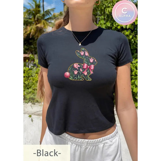 Floral Bunny Baby Tee Y2K Cute Easter  Spring Bunny Shirt Tulip Rabbit Shirt Aesthetic Easter Tee Pastel Bunny flower Top