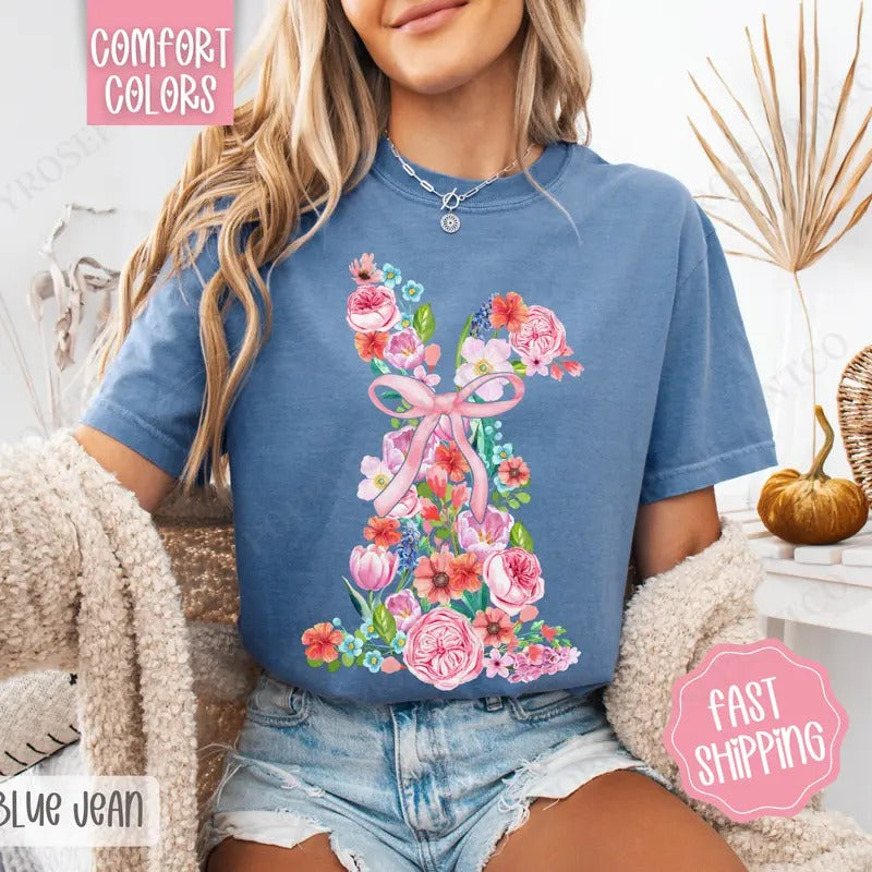 Floral Bunny Shirt Comfort Colors, Easter Tshirt, Trendy Bunny Women's Tee, Gift for Her