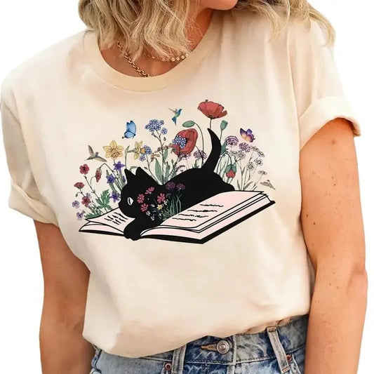 Floral Cat Shirt, Cat Lover T-shirt, Cat Book Shirt, Cat Lover Gift, Gift for Her, Cat Mom Shirt Gift, Cute Cat Shirts, Cute Book Cat Tshirt