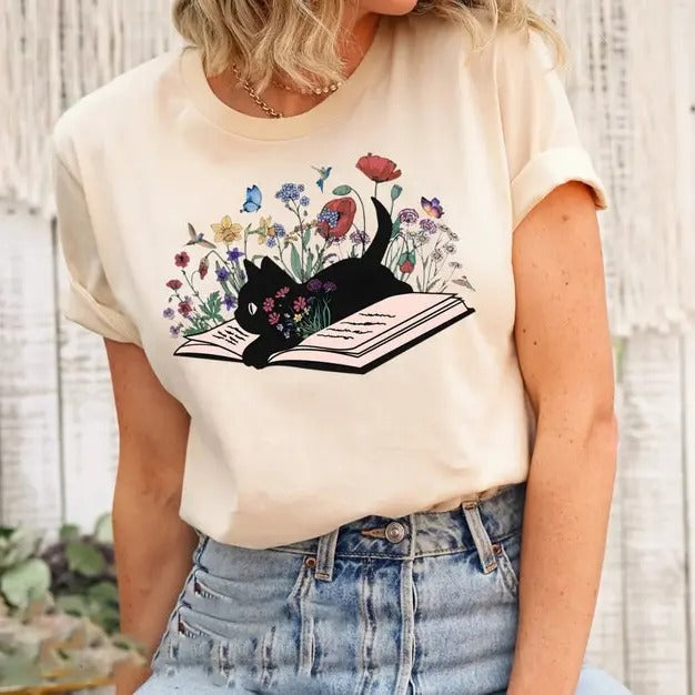Floral Cat Tshirt, Cat Book Shirt, Cat Lover Gift, Gift for Her, Cat Mom Shirt Gift, Cute Cat Shirts, Cute Book Cat Tshirt Top Womenswear Streetwear