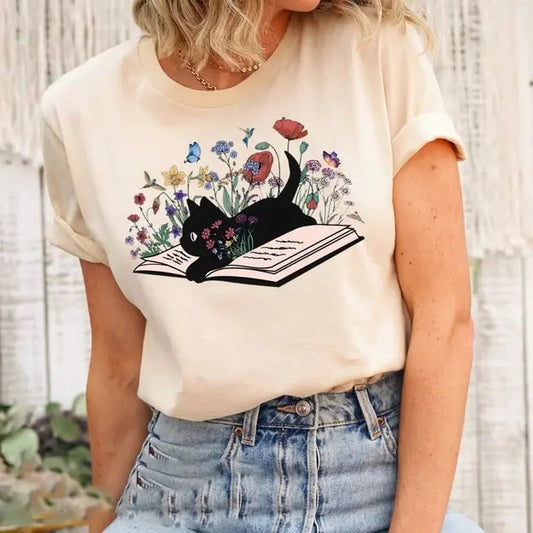 Floral Cat Tshirt, Cat Book Shirt, Cat Lover Gift, Gift for Her, Cat Mom Shirt Gift, Cute Cat Shirts, Cute Book Cat Tshirt Top Womenswear Streetwear