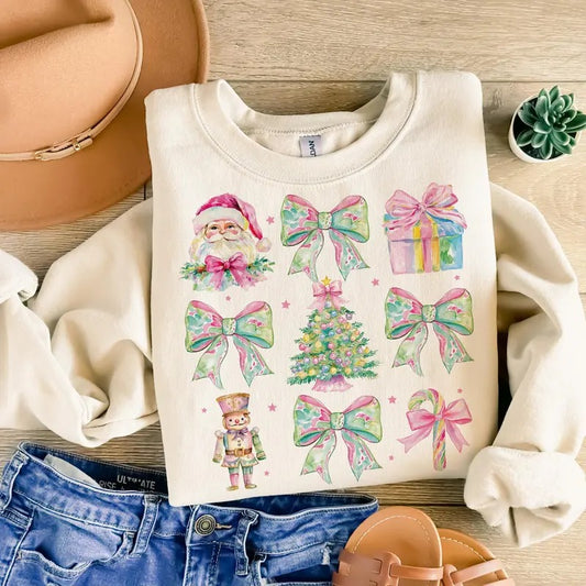Floral Christmas Nutcracker Shirt, Pink & Green Coquette Bow Sweatshirt, Girly Christmas, Merry Christmas, Preppy Pink Christmas