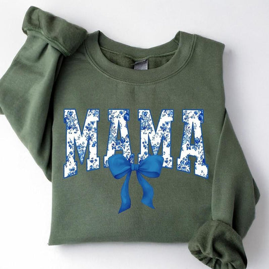 Floral Coquette Bow Mama Sweatshirt, Blue Bow Mothers Day Gift, Flower Lettering Mom Sweatshirt, Retro New Mom Gift