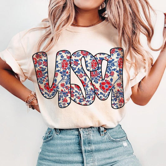 Floral Coquette USA t-shirt, Retro America t-shirt, 4th Of July t-shirt, 4th Of July sweatshirt, popular America t-shirt, Patriotic t-shirt, Girly hoodie