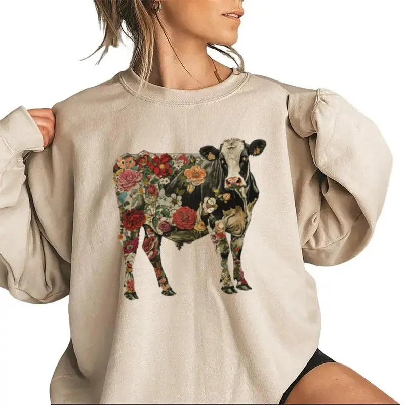 Floral Cow Retro Natural Unisex T-shirt Hoodie Funny Cow Sweatshirt Cotton Unisex