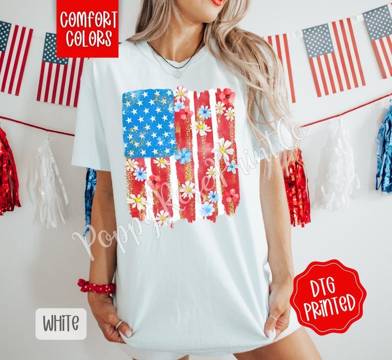 Floral Flag Comfort Colors Shirt, Cute Patriotic Tshirt, Women's Tee, Gift for Her