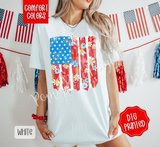 Floral Flag Comfort Colors Shirt, Cute Patriotic Tshirt, Women's Tee, Gift for Her