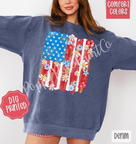 Floral Flag Comfort Colors Sweatshirt, Cute Patriotic Sweater, Women's Crewneck, Gift for Her