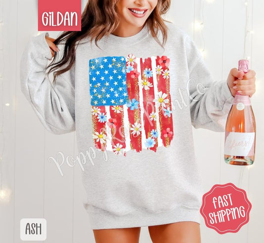 Floral Flag Sweatshirt, Cute Patriotic Sweater, Women's Crewneck, Gift for Her