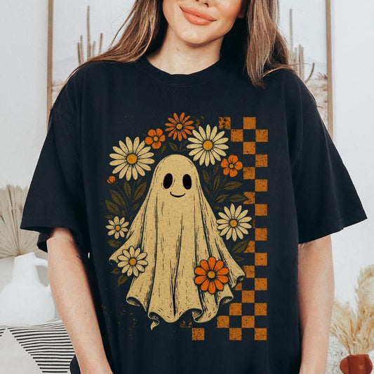 Floral Ghost Halloween Shirt Unisex Relaxed Fit Printed in USA Casual Comfort Cotton Top Athletic Boho Chic All Seasons