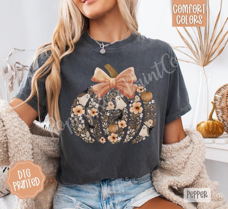 Floral Ghost Pumpkin Comfort Colors, Trendy Women's Fall Tshirt Hoodie, Sweatshirt | WearSparks.com