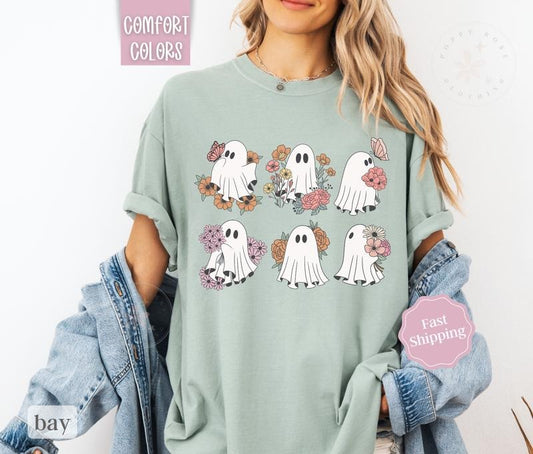 Floral Ghost Shirt Comfort Colors, Boho Floral Halloween Shirt, Cute Ghost Tee