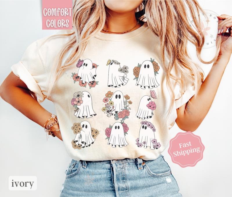 Floral Ghost Shirt Comfort Colors, Boho Floral Halloween Shirt, Cute Ghost Teestyle{n002}2