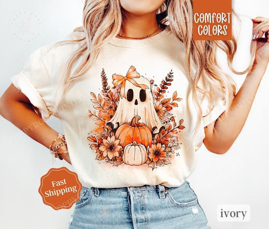 Floral Ghost Shirt Comfort Colors, Cute Ghost Halloween Shirt,  October Vibes Shirt for Women Oversized Crewneck Tee