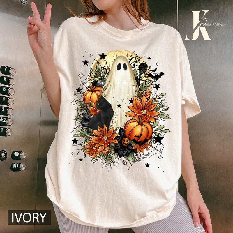 Floral Ghost Shirt Comfort Colors, Halloween Fall Floral Ghost Tee, Halloween Ghost Tshirt, Fall Flowers and Pumpkin T-Shirt, Cute Ghost Tshirt Halloween Tee, Womens Fall Top