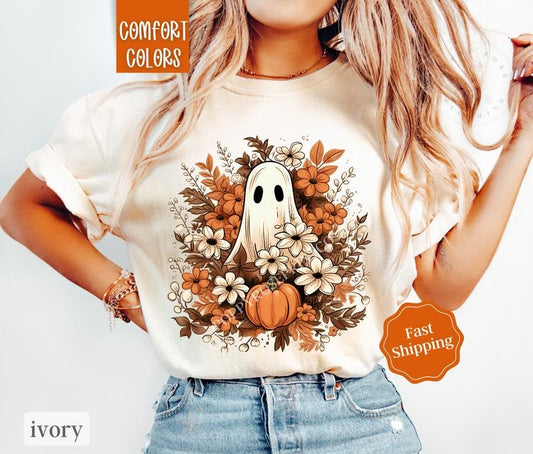 Floral Ghost Shirt Comfort Colors, Halloween Tshirt for Women,  Fall Season Shirt Oversized Crewneck Tee