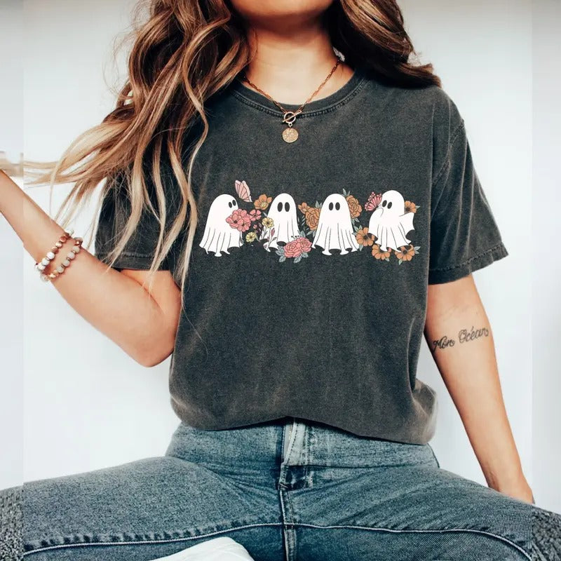 Floral Ghost Shirt, Four Cute Floral Ghost Shirt, Halloween Spooky Season Shirt, Flower Autumn Season Tee, Vintage Retro Shirt, Fall Shirt