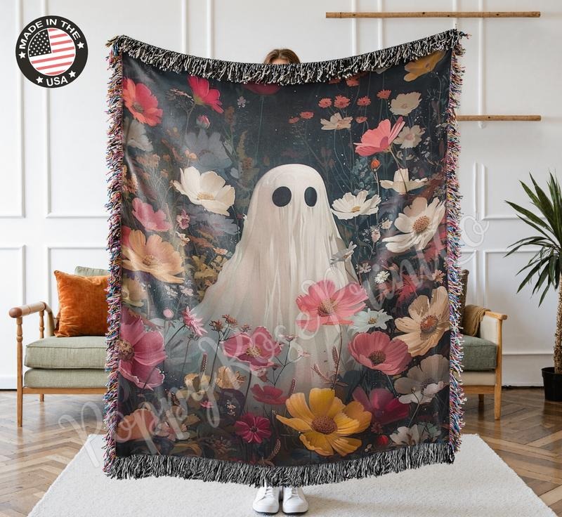Floral Ghost Woven Blanket 100% Cotton Halloween Blanket with Colorful Fringed Edges Made in the USA