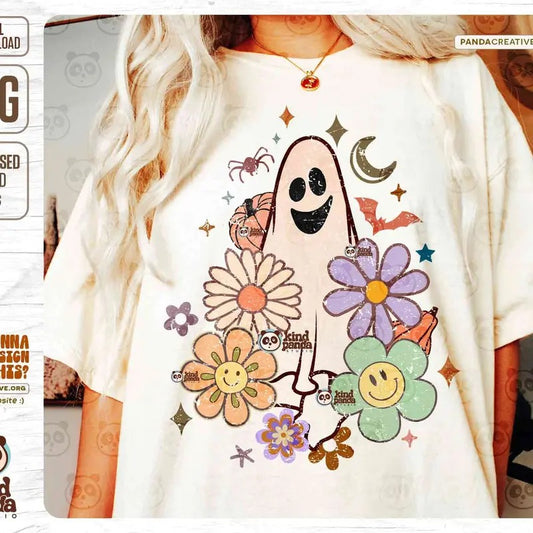 Floral Halloween Ghost Png Retro Sublimation Groovy Halloween Shirt Png Design Cute Ghost Png Download Spooky Season Boho Halloween Png