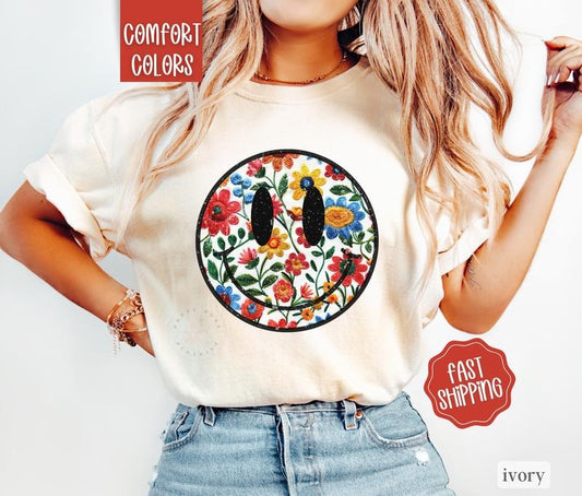 Floral Happy Face Shirt Comfort Colors, Boho Floral Tshirt, Fall Floral Tee