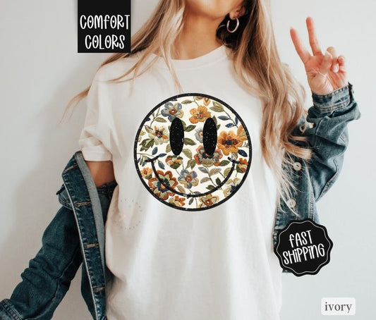 Floral Happy Face Shirt Comfort Colors, Boho Floral Tshirt, Fall Floral Teestyle{n002}2