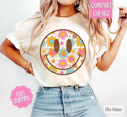 Floral Happy Face Shirt Comfort Colors, Summer Floral Shirt, Oversized Women's shirt, Swimsuit Cover