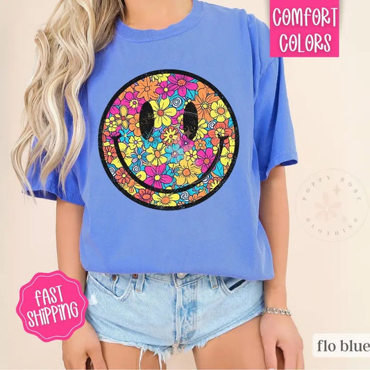 Floral Happy Face Shirt Comfort Colors, Summer Floral Shirt, Oversized Women's shirt, Swimsuit Coverstyle{n002}2