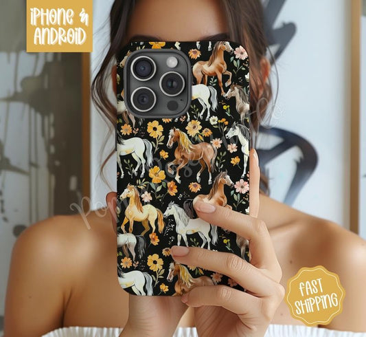 Floral Horse Phone Case Mag Safe Compatible Magnetic Tough Cases