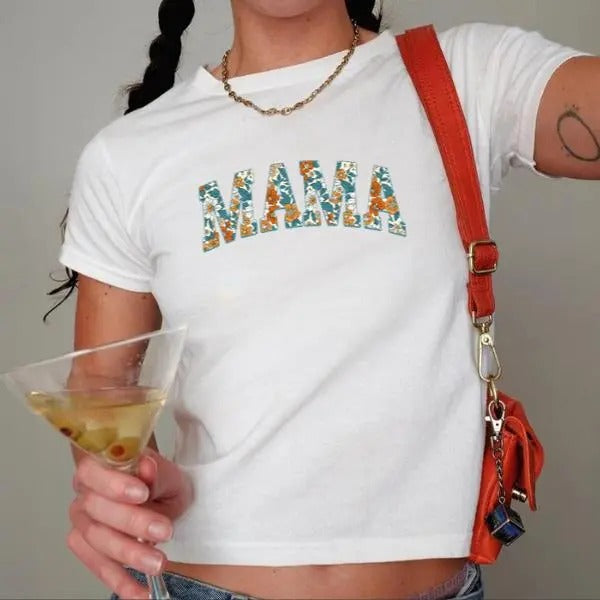 Floral MAMA Graphic Art Baby tee, Summer MAMA Crewneck Tee, Gift for Mom Cotton Fabric Fit Top Womenswear