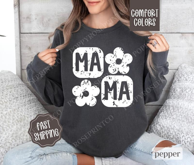 Floral Mama Comfort Colors Sweatshirt, Trendy Women's Crewneck, Cute Women's Sweater