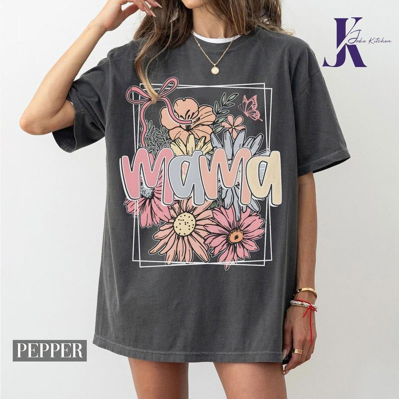 Floral Mama Coquette Bow Shirt, Mama Flower Comfort Color, Mama Tee, Mama Shirt Gift, Mothers Day Shirt