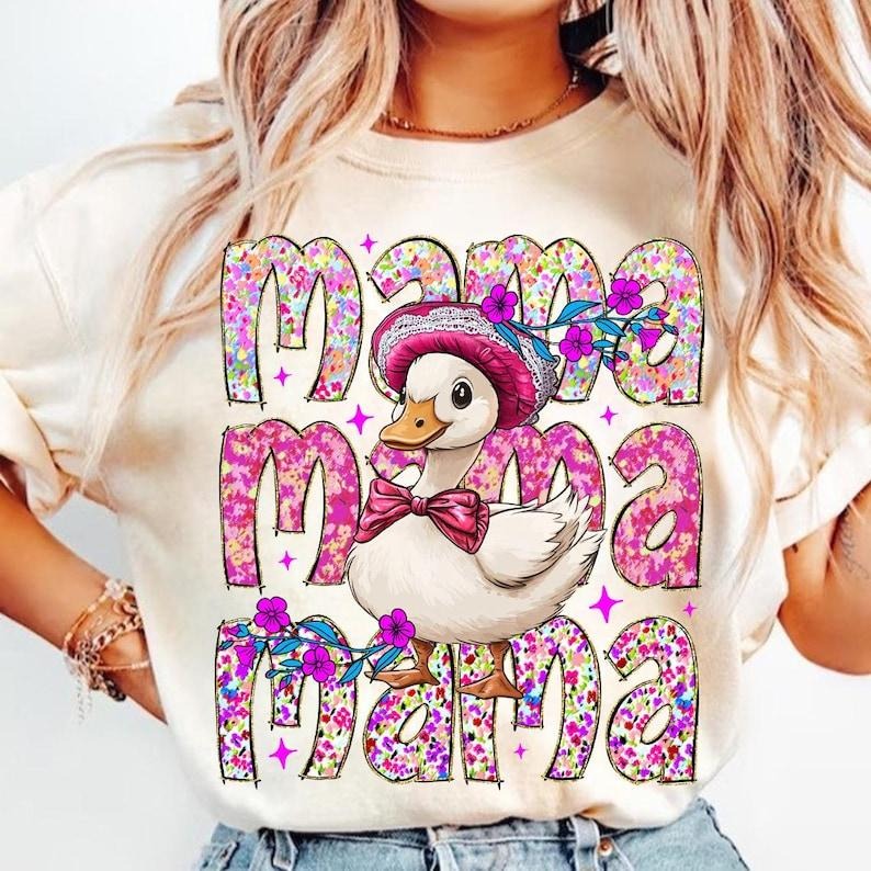 Floral Mama Goose Bow Coquette with Girly Duck Vintage Mother's Day T-Shirt