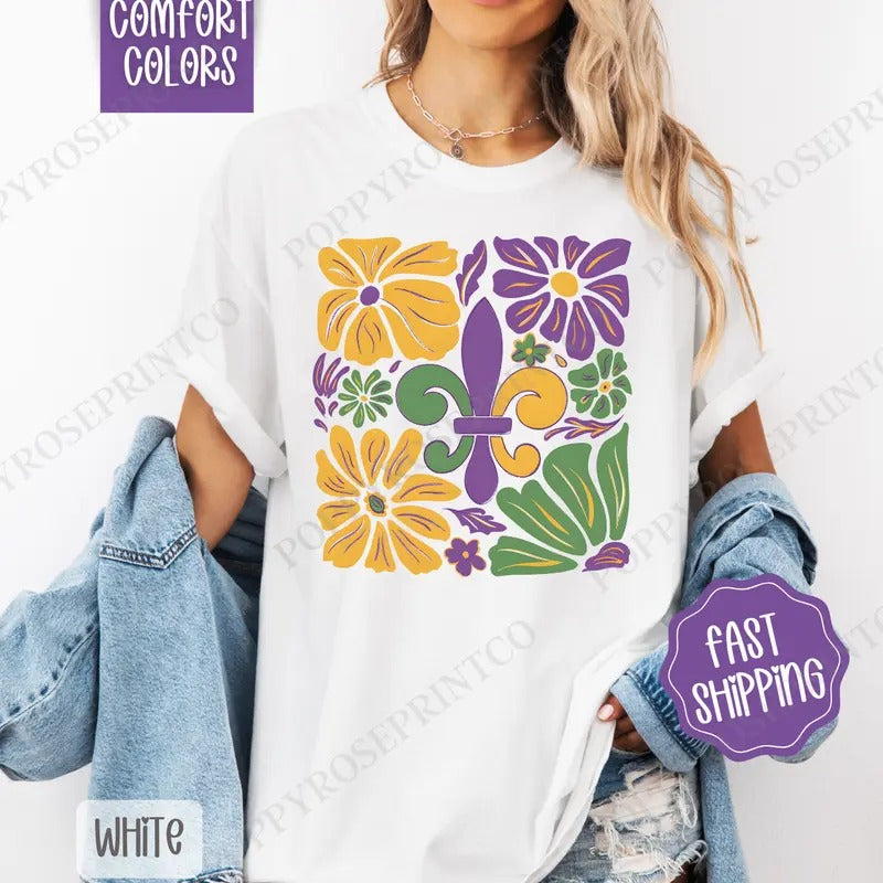 Floral Mardi Gras Comfort Colors, Boho Mardi Gras Women's Tee, Holiday Women's Tshirt
