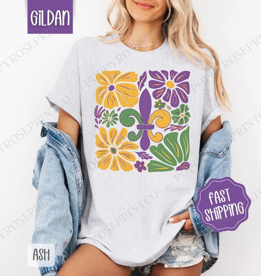 Floral Mardi Gras Shirt Gildan, Boho Mardi Gras Women's Tee, Holiday Women's Tshirt Plus Sizes